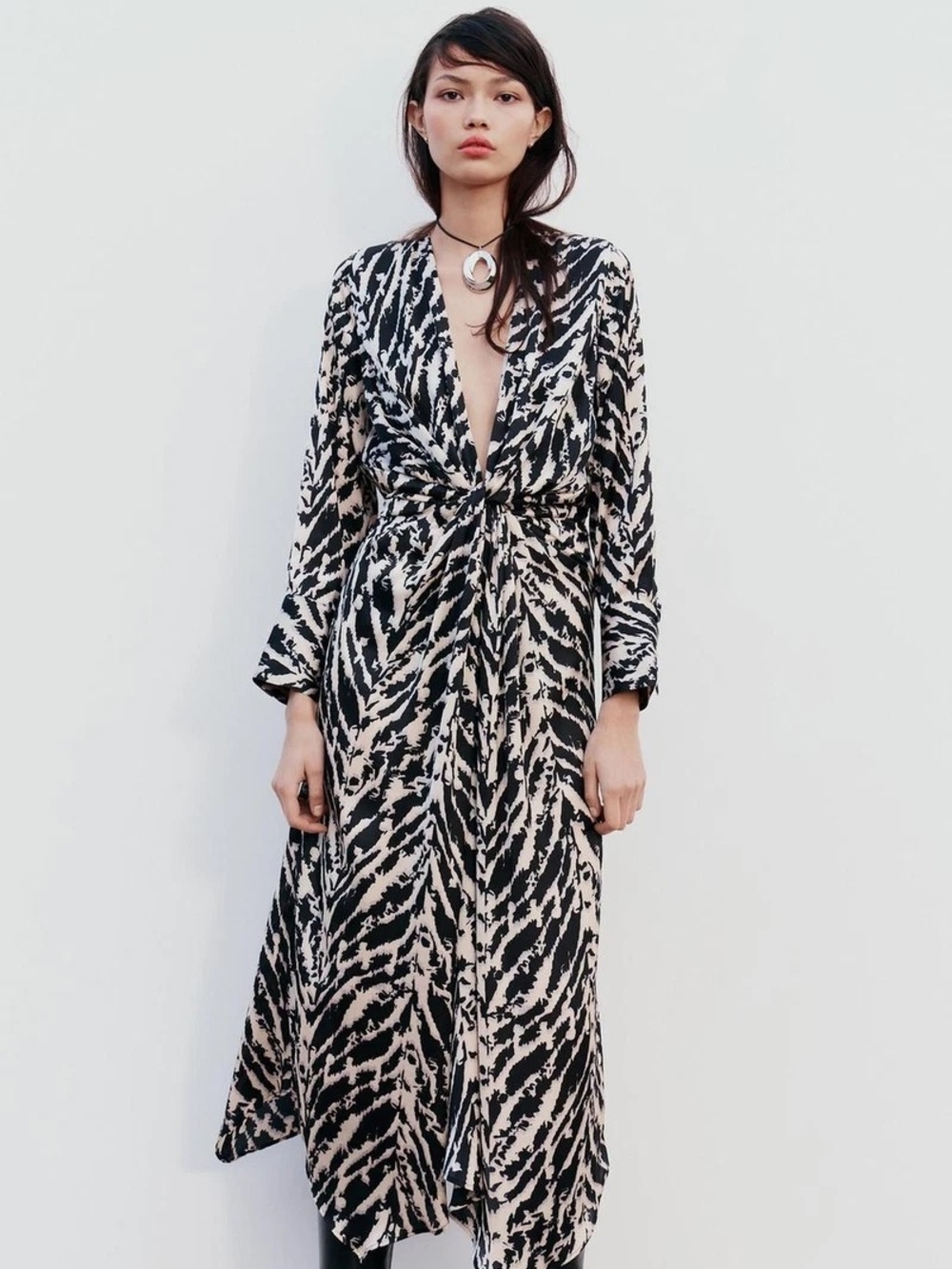 Zara Animal Print Black & Cream Printed Long-Sleeve Tie-Front Maxi Dress - MED
